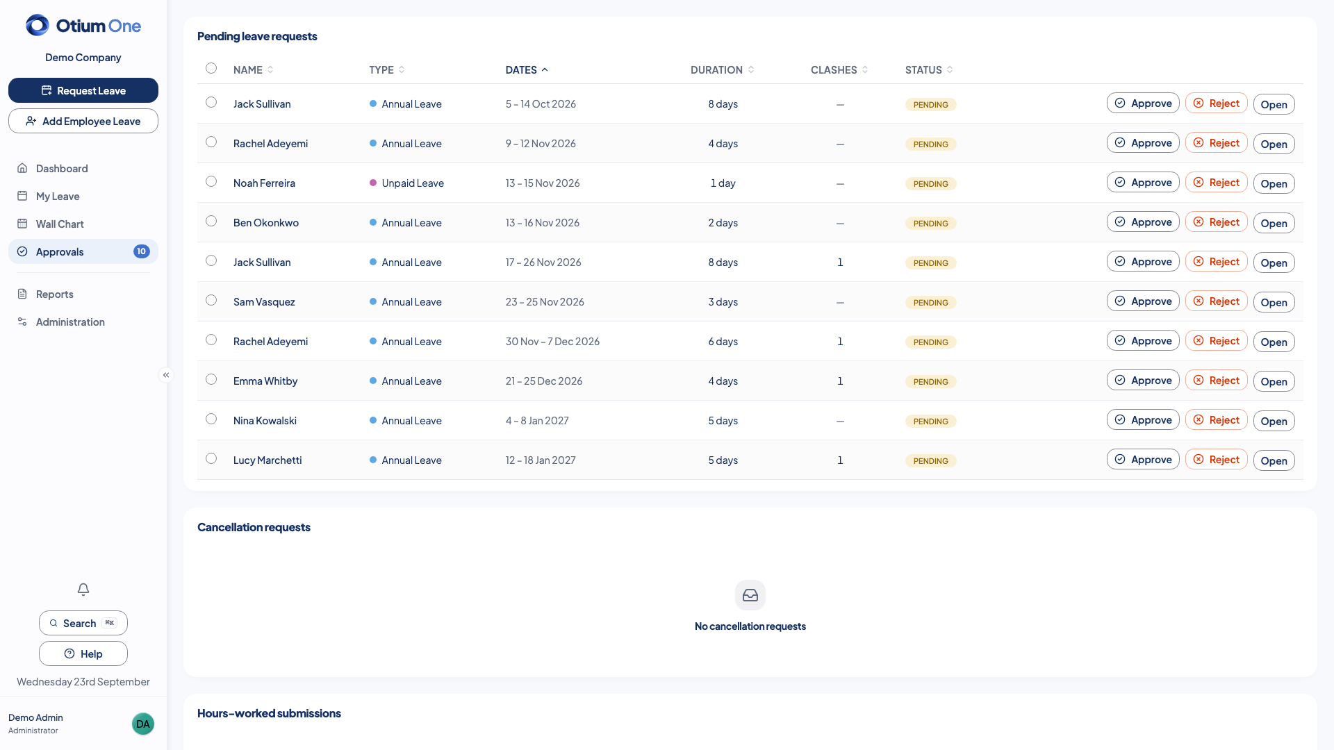 Approvals queue with pending leave requests