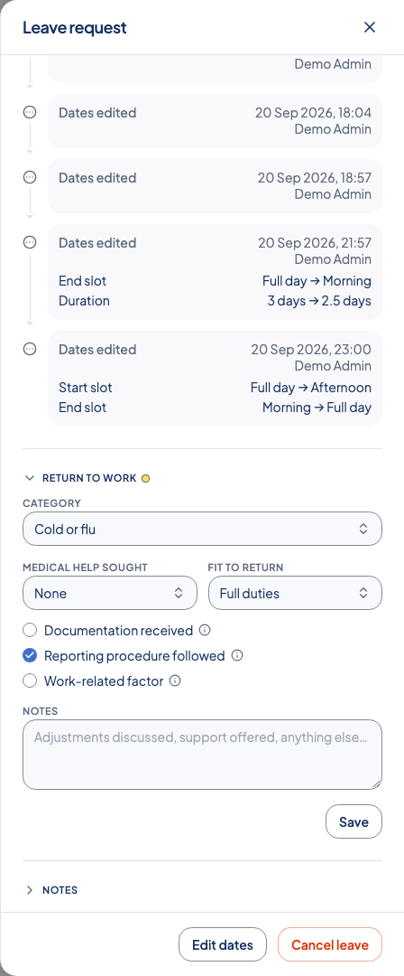 Return-to-work checklist on a sickness request
